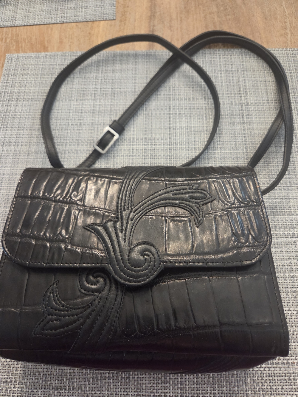Brighton Black Croc-Embossed Leather Crossbody with Floral Applique